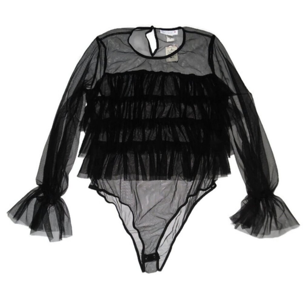 New Vintage Ashley Stewart Black lace Teddy Lingerie One Piece Ruffles 2X